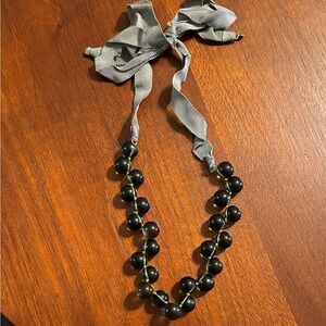 Elegant Evergreen Fog Beaded Necklace with Gray Ribbon